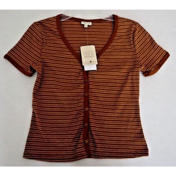 Self Esteem 13MPAQHP Women's Sz XS Glazed Ginger Striped Ribbed V-Neck Knit Tee - Picture 3 of 5
